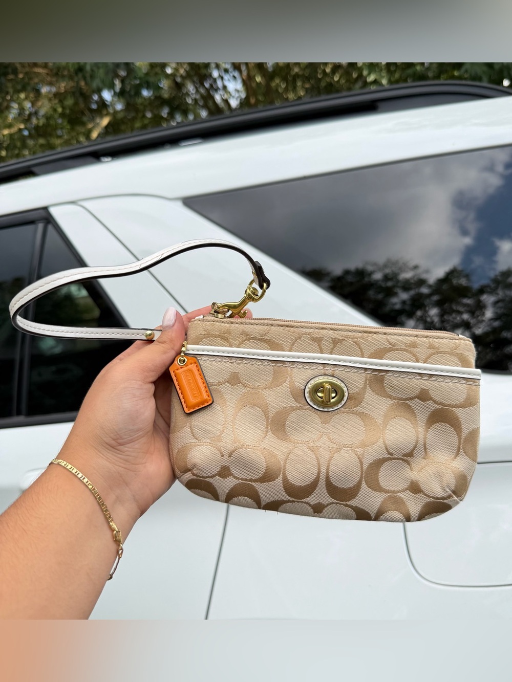 Coach Beige Signature Canvas Wristlet with Turnlock